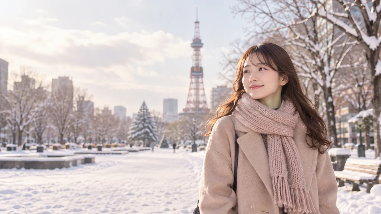 冬の大通公園と、奥にテレビ塔