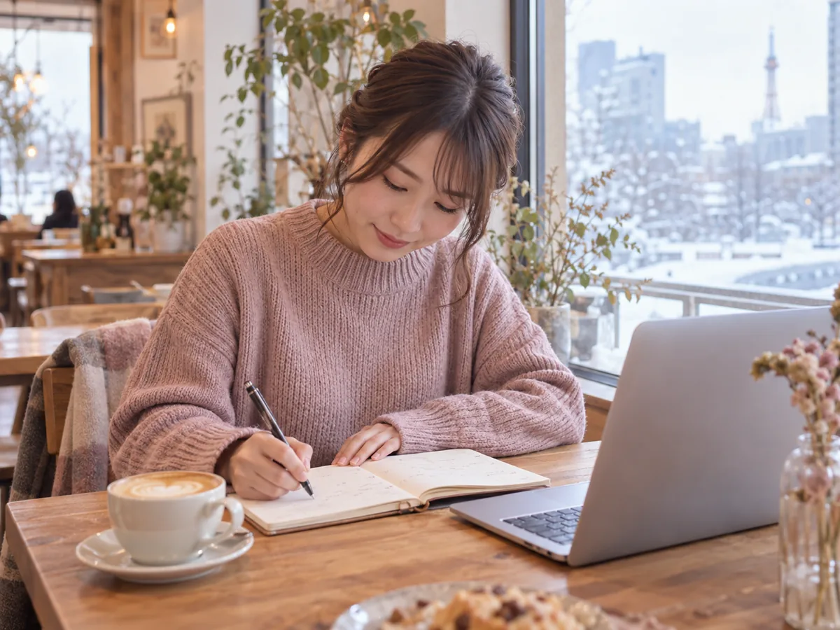 カフェでノートパソコンと手帖を開く女性