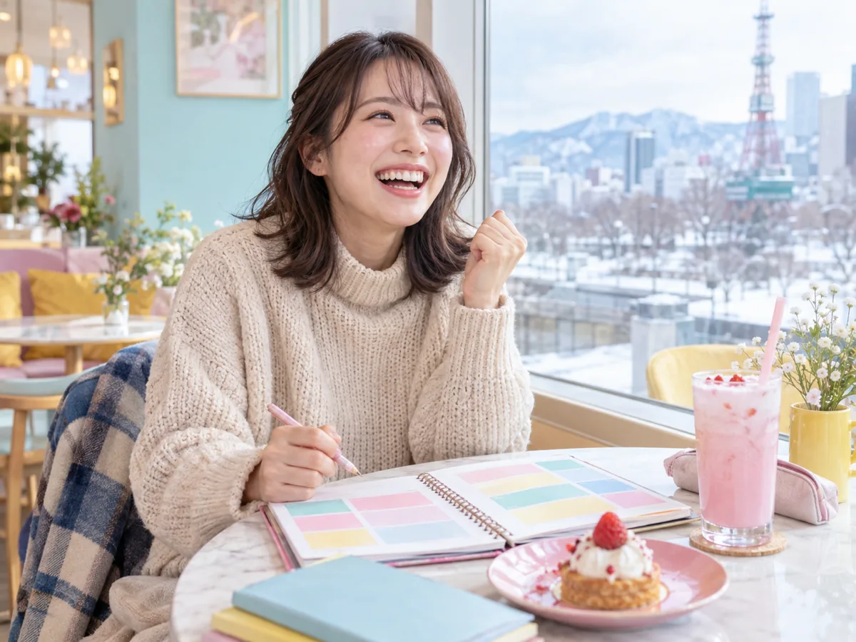明るいカフェで小さくガッツポーズをして笑う女性