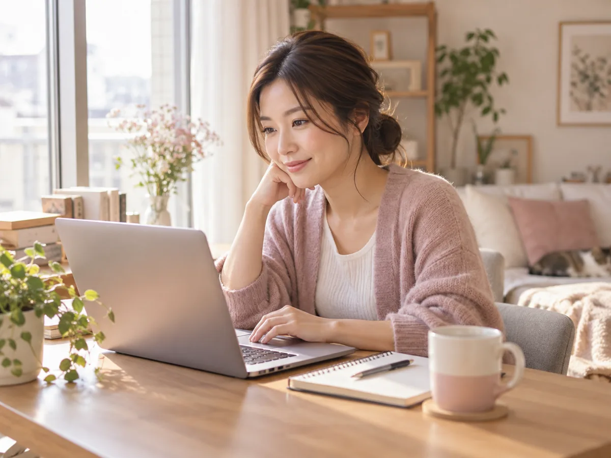自宅の明るいデスクで作業する女性