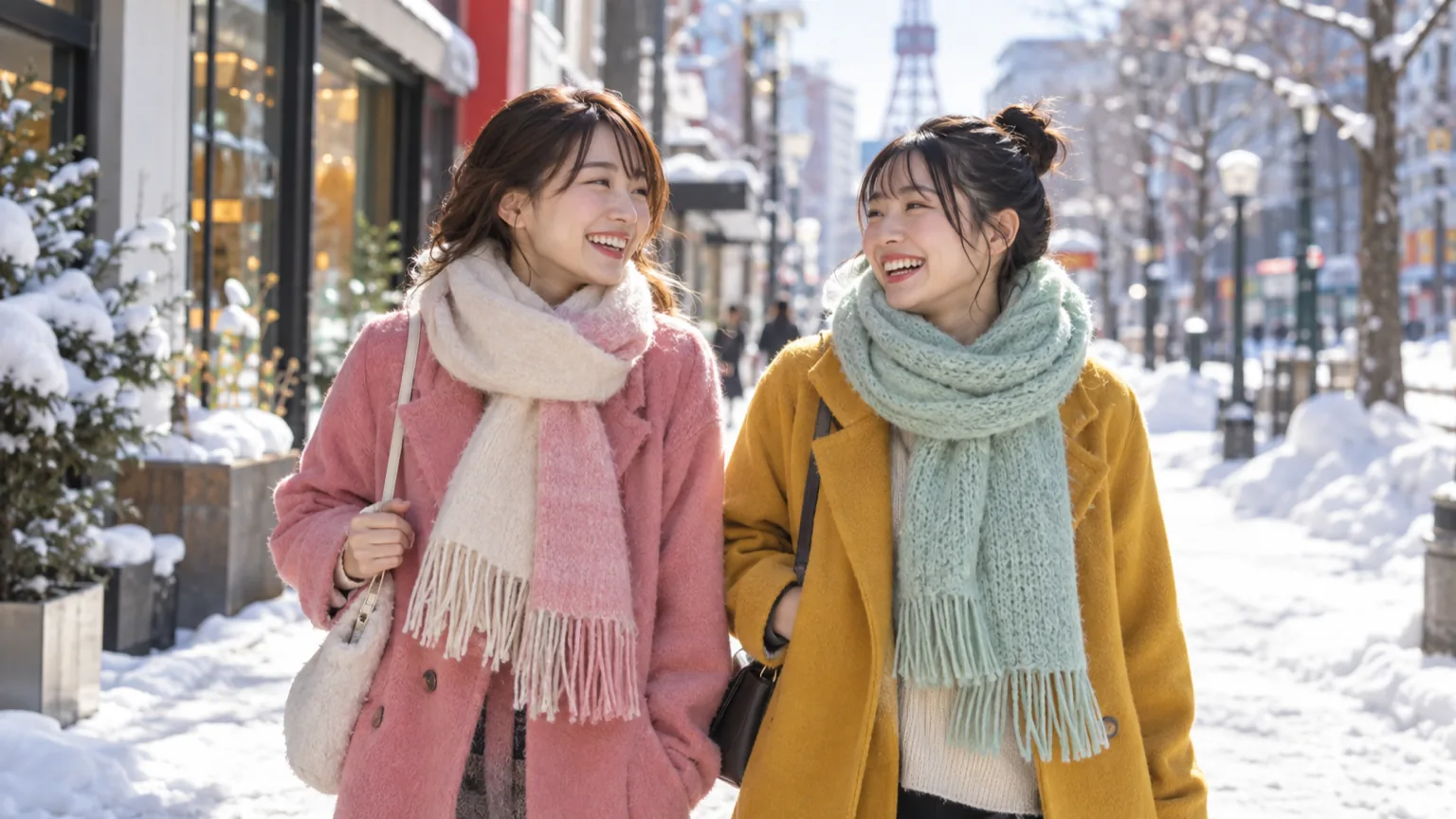 2人の女性が笑いながら札幌の街を歩く