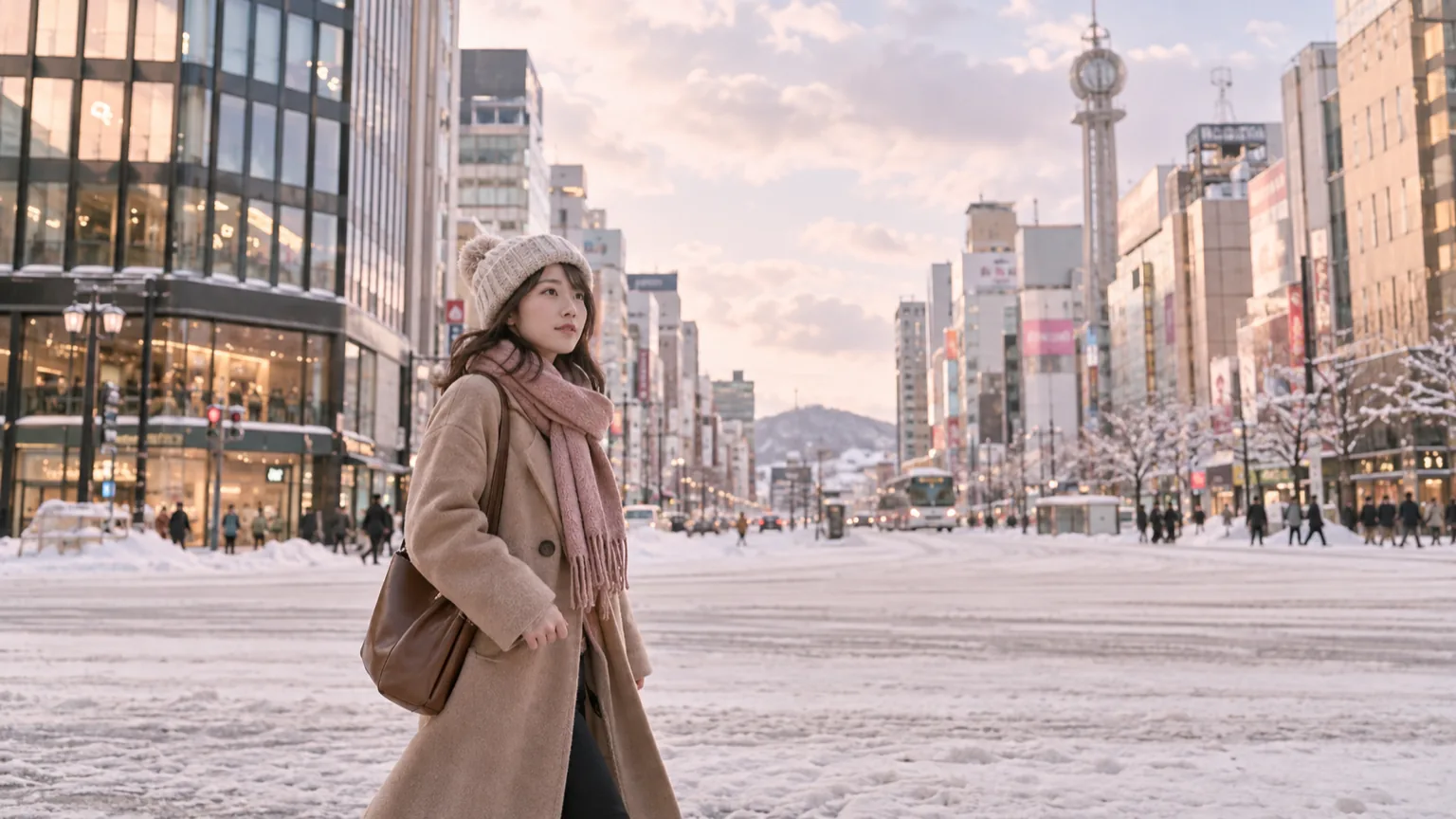 昼のすすきの交差点を歩く女性